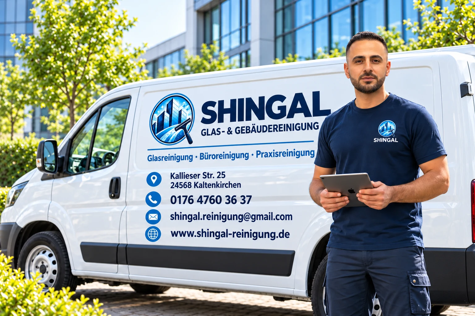 Shingal-Motiv mit beschriftetem Fahrzeug und Mitarbeiter